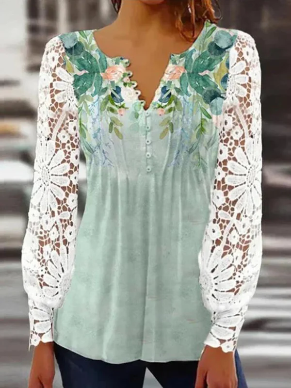 Women's Long Sleeve Blouse Spring/Fall Floral Lace Jersey V Neck Daily Going Out Casual Top