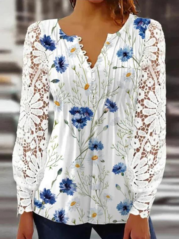 Women's Long Sleeve Blouse Spring/Fall Floral Lace Jersey V Neck Daily Going Out Casual Top