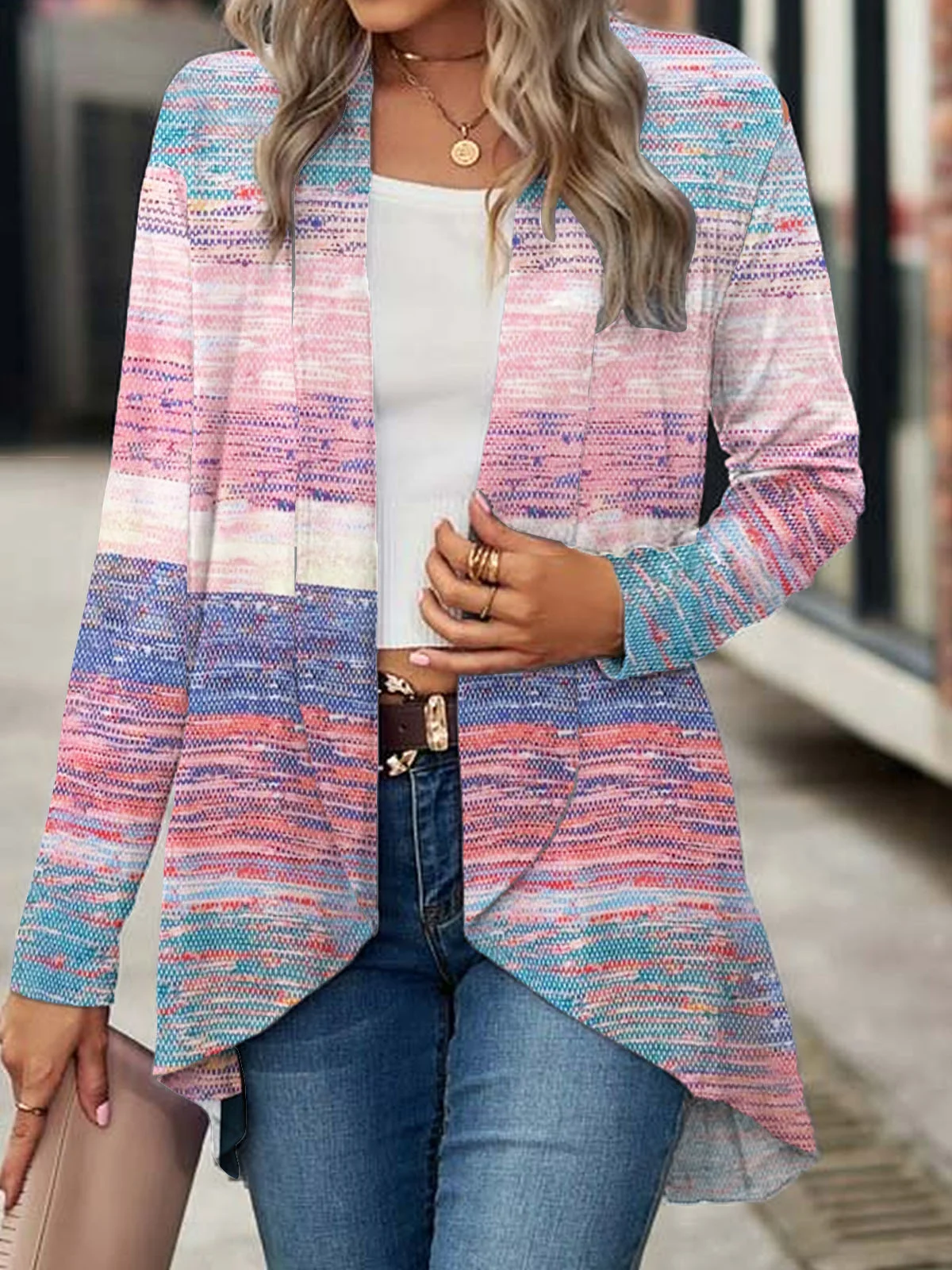 Women's Spring/Fall Cover-up Casual Abstract Stripes Lightweight Cardigan