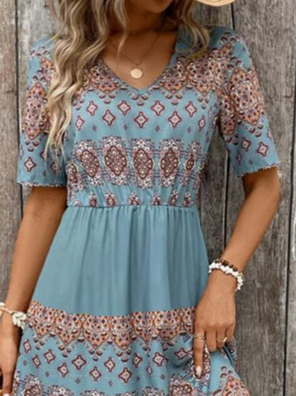 Women's Short Sleeve Summer Ethnic Knitted Dress Crew Neck Daily Going Out Ethnic Midi H-Line