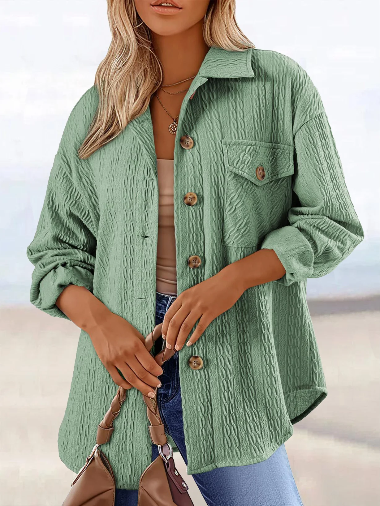 Women's Spring/Fall Outerwear Casual Jacquard Jacquard Plain Long Sleeve Shirt Collar Jacket