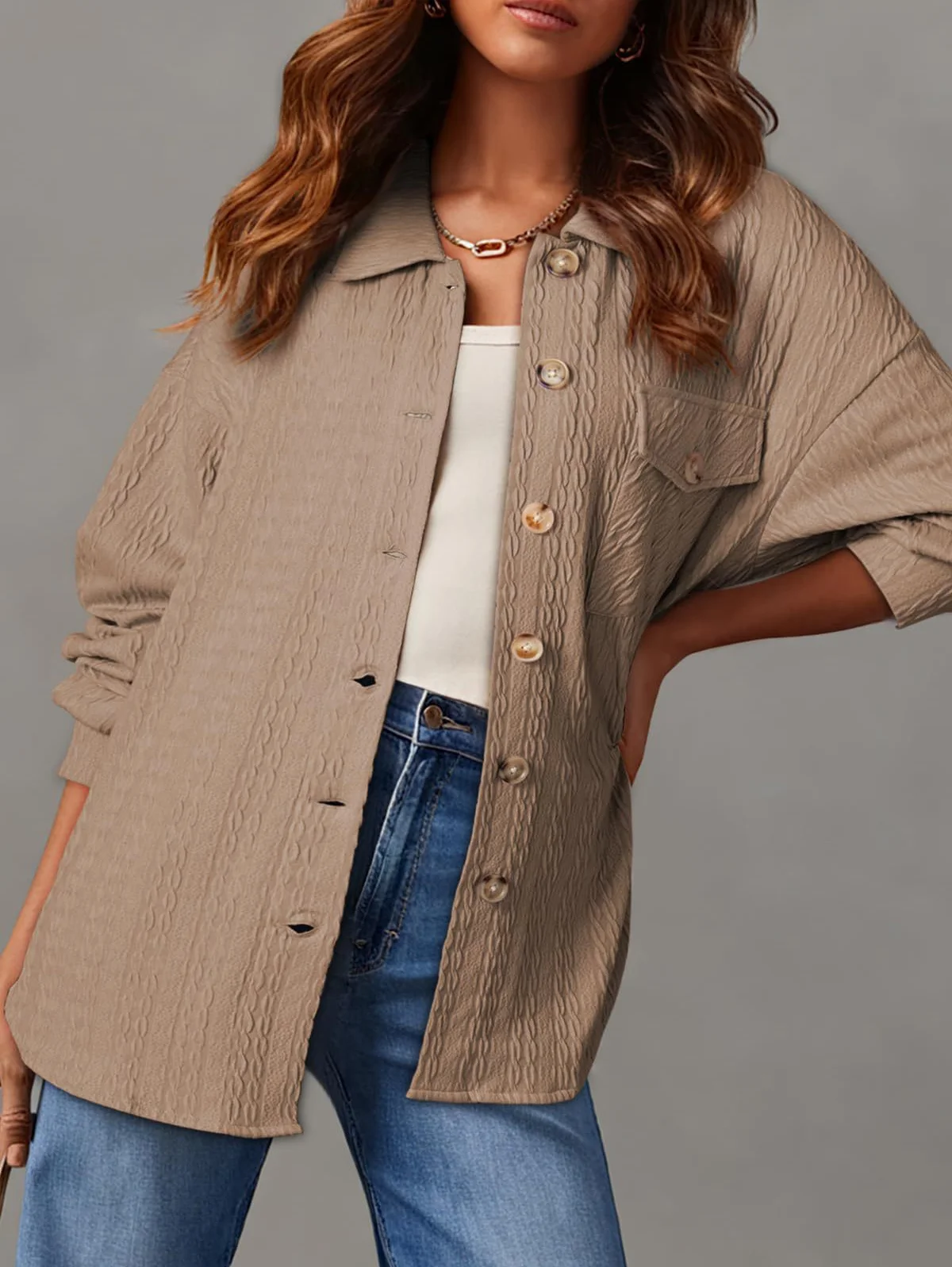 Women's Spring/Fall Outerwear Casual Jacquard Jacquard Plain Long Sleeve Shirt Collar Jacket