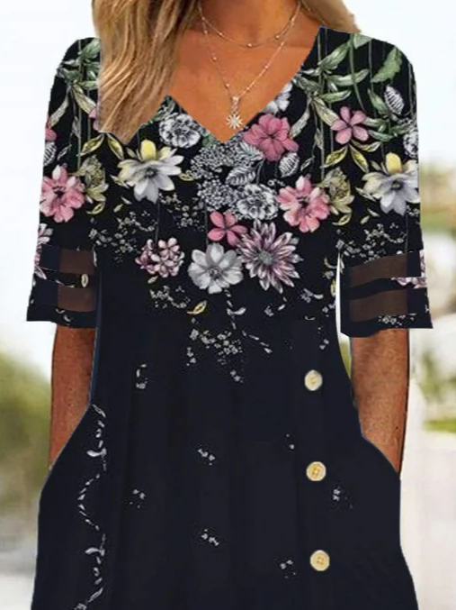 Women's Short Sleeve Summer Floral Buckle Knitted Dress V Neck Daily Going Out Casual Midi H-Line