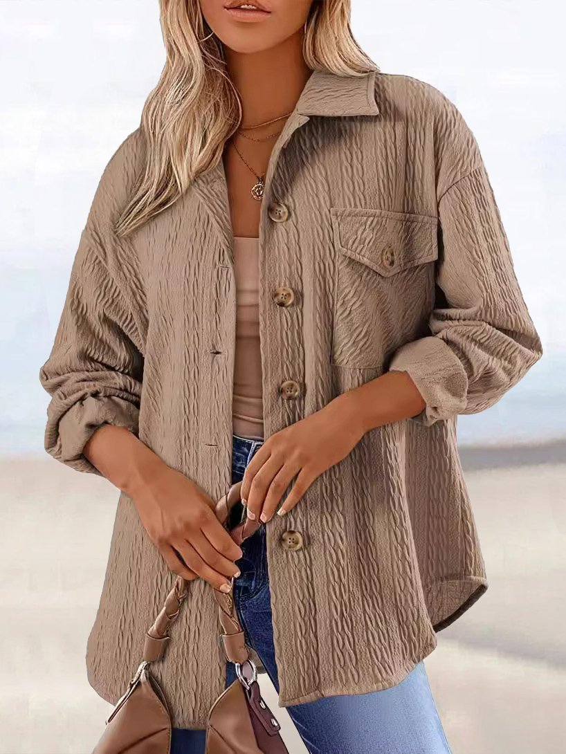 Women's Spring/Fall Outerwear Casual Jacquard Jacquard Plain Long Sleeve Shirt Collar Jacket