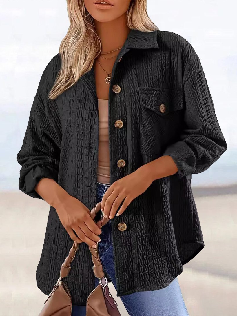 Women's Spring/Fall Outerwear Casual Jacquard Jacquard Plain Long Sleeve Shirt Collar Jacket