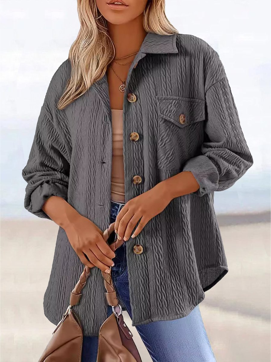 Women's Spring/Fall Outerwear Casual Jacquard Jacquard Plain Long Sleeve Shirt Collar Jacket