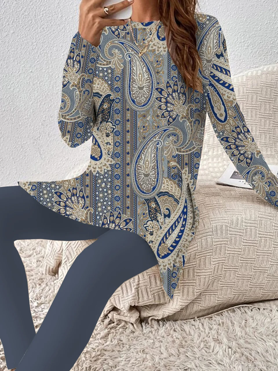 Women's Jersey Ethnic Daily Going Out Two Piece Set Long Sleeve Casual Spring/Fall Top With Pants Matching Set