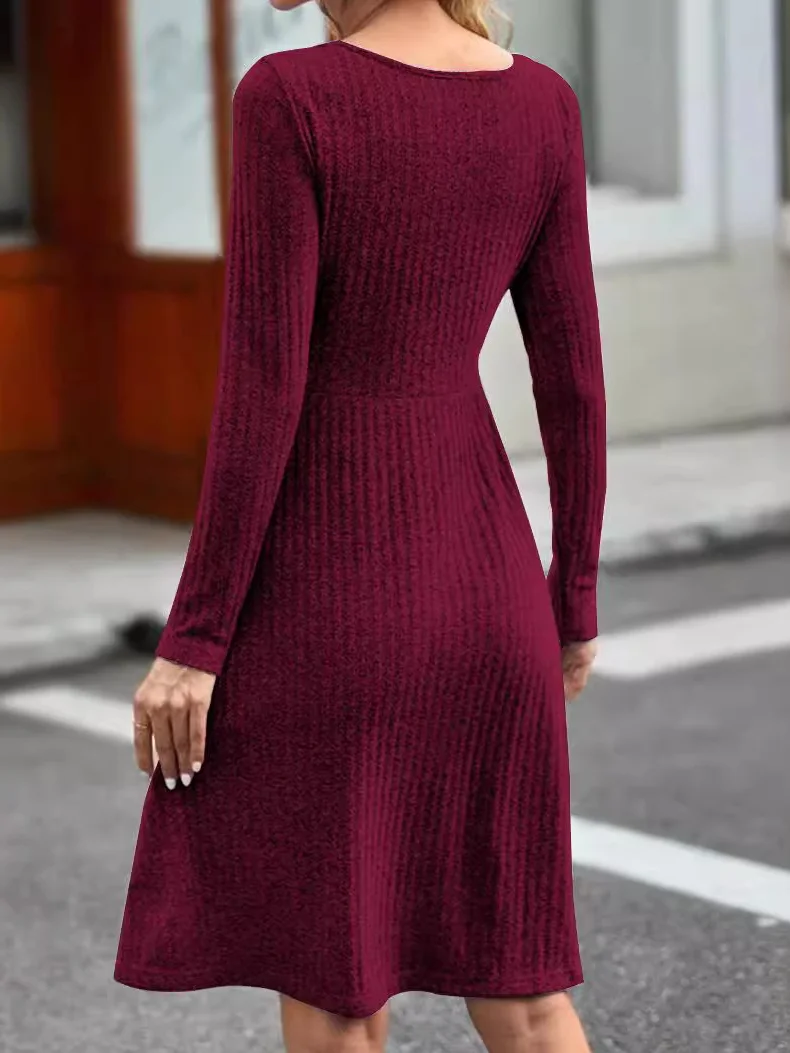 Women's Long Sleeve Spring/Fall Plain Buttoned Jersey Dress Crew Neck Daily Going Out Casual Midi H-Line