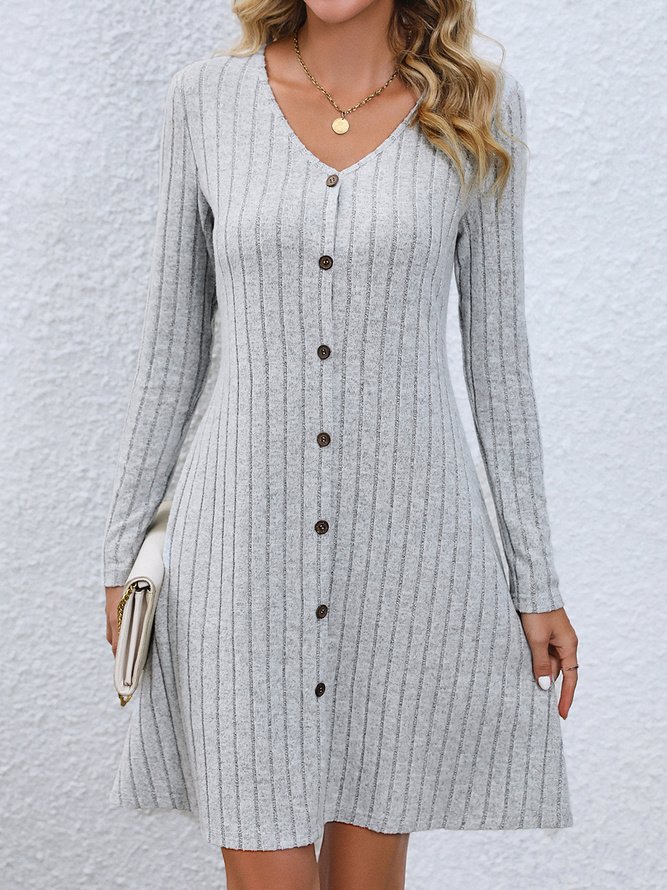 Women's Long Sleeve Spring/Fall Plain Buttoned Jersey Dress V Neck Daily Going Out Casual Midi H-Line