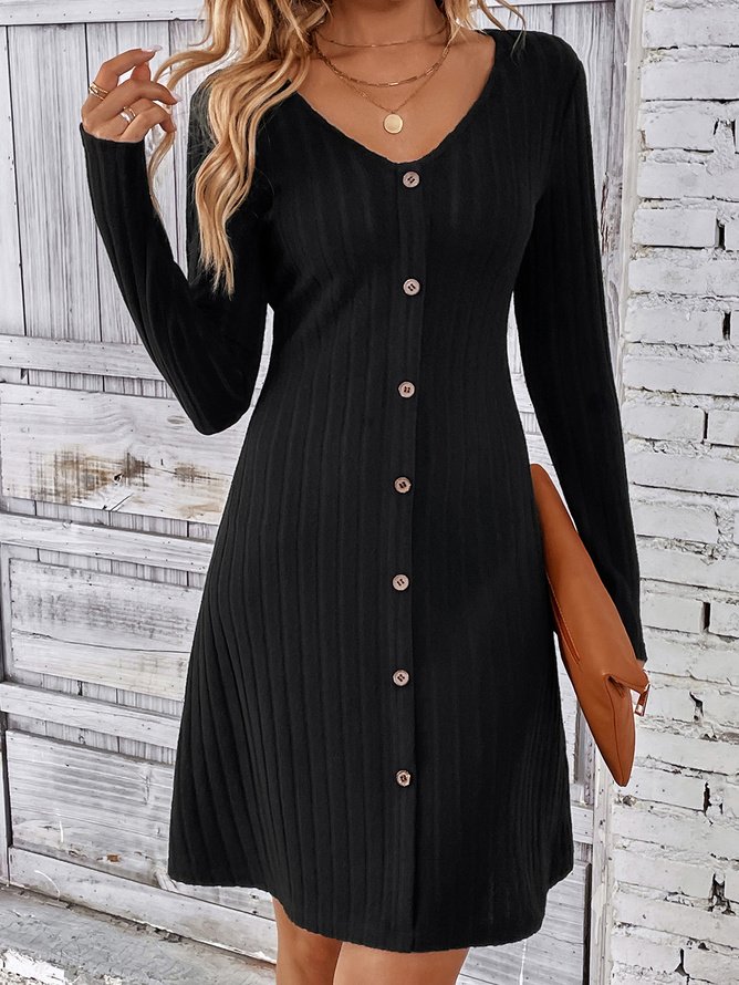 Women's Long Sleeve Spring/Fall Plain Buttoned Jersey Dress V Neck Daily Going Out Casual Midi H-Line