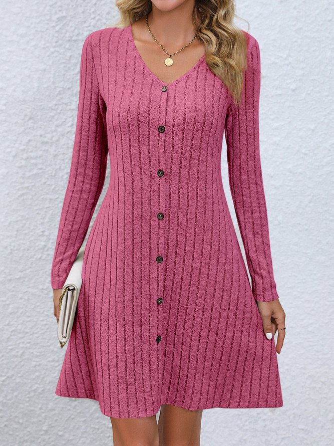 Women's Long Sleeve Spring/Fall Plain Buttoned Jersey Dress V Neck Daily Going Out Casual Midi H-Line