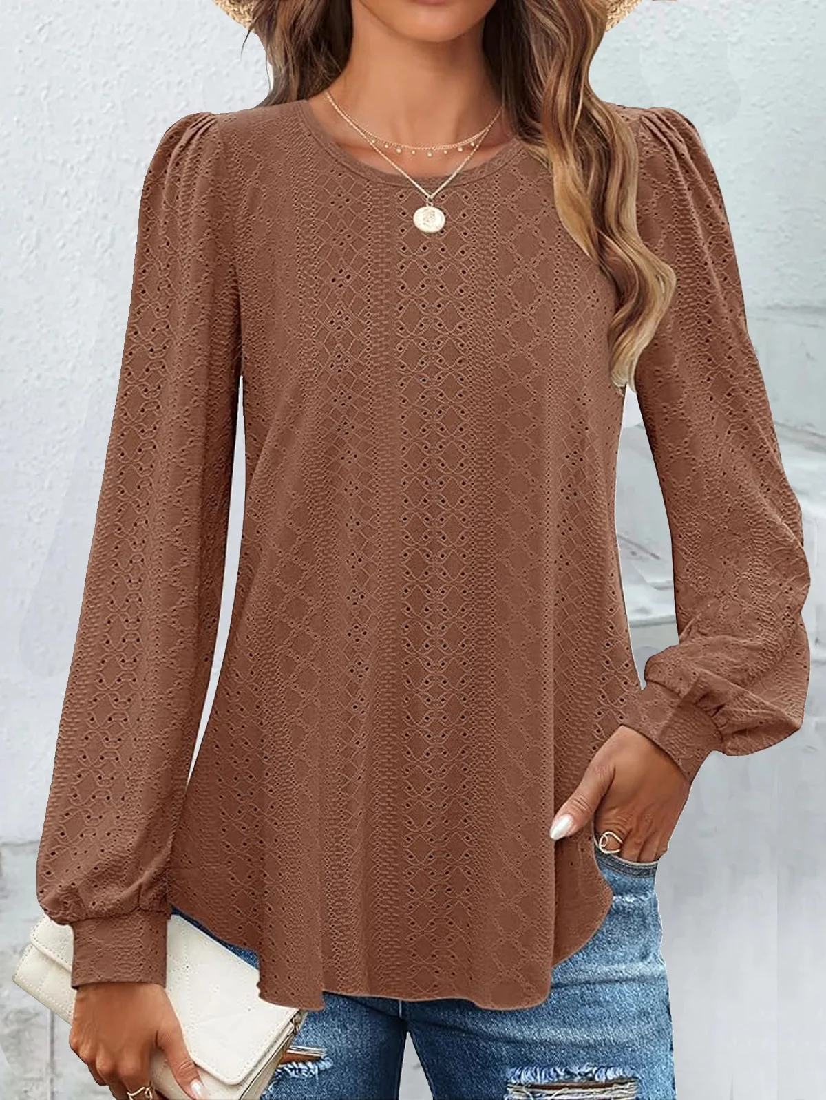 Women's Long Sleeve Tee T-shirt Spring/Fall Plain Lace Lace Crew Neck Daily Going Out Casual Top