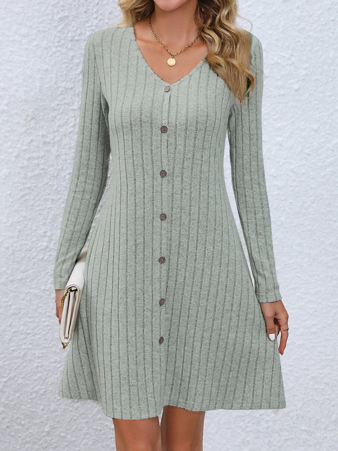 Women's Long Sleeve Spring/Fall Plain Buttoned Jersey Dress V Neck Daily Going Out Casual Midi H-Line