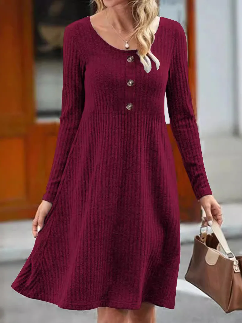 Women's Long Sleeve Spring/Fall Plain Buttoned Jersey Dress Crew Neck Daily Going Out Casual Midi H-Line