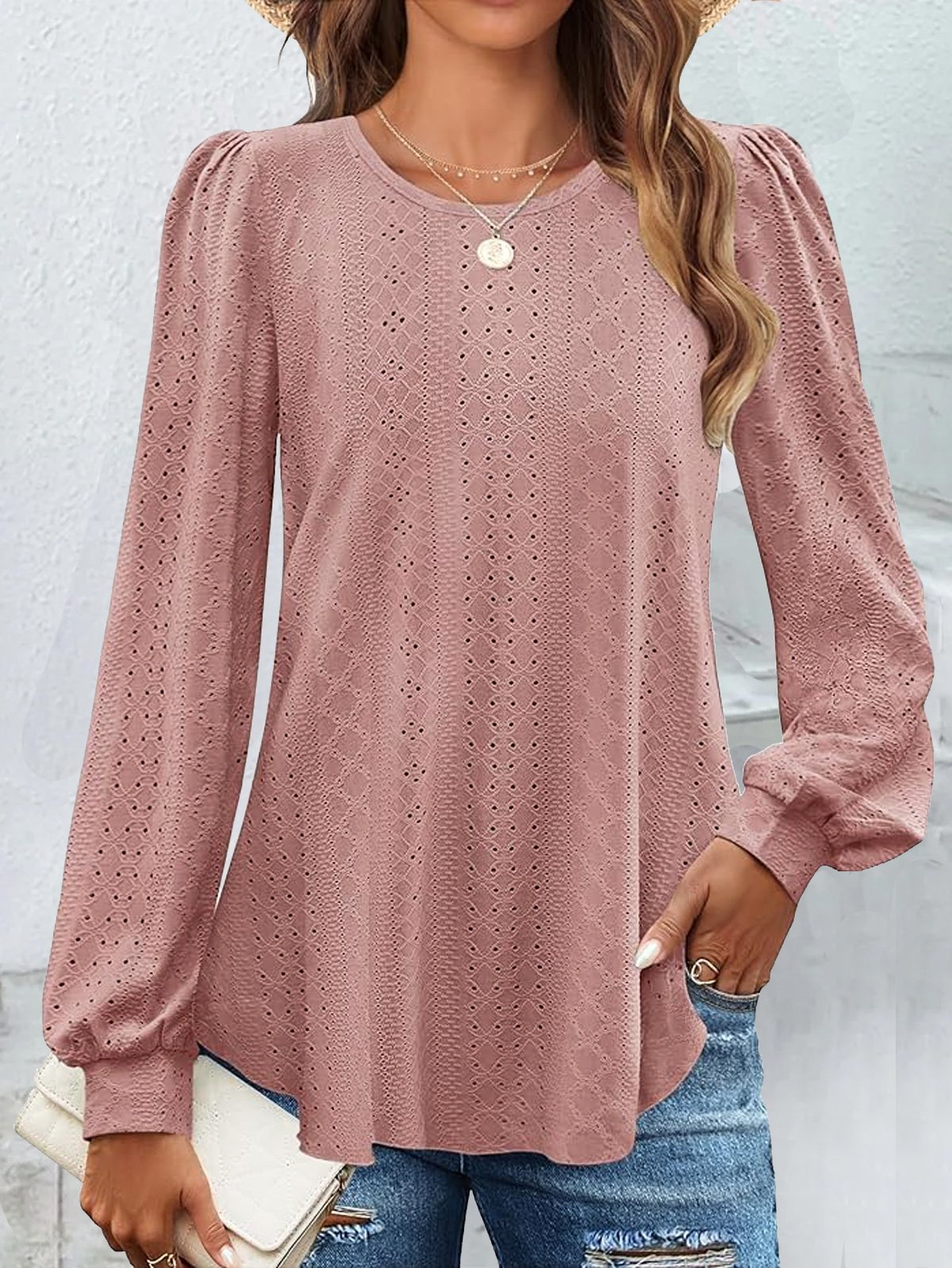 Women's Long Sleeve Tee T-shirt Spring/Fall Plain Lace Lace Crew Neck Daily Going Out Casual Top