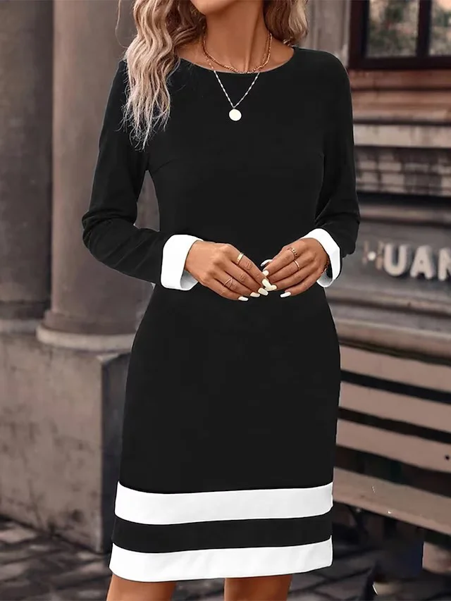 Women's Long Sleeve Spring/Fall Contrast Stitching Knitted Dress Crew Neck Daily Going Out Casual Midi H-Line T-Shirt Dress