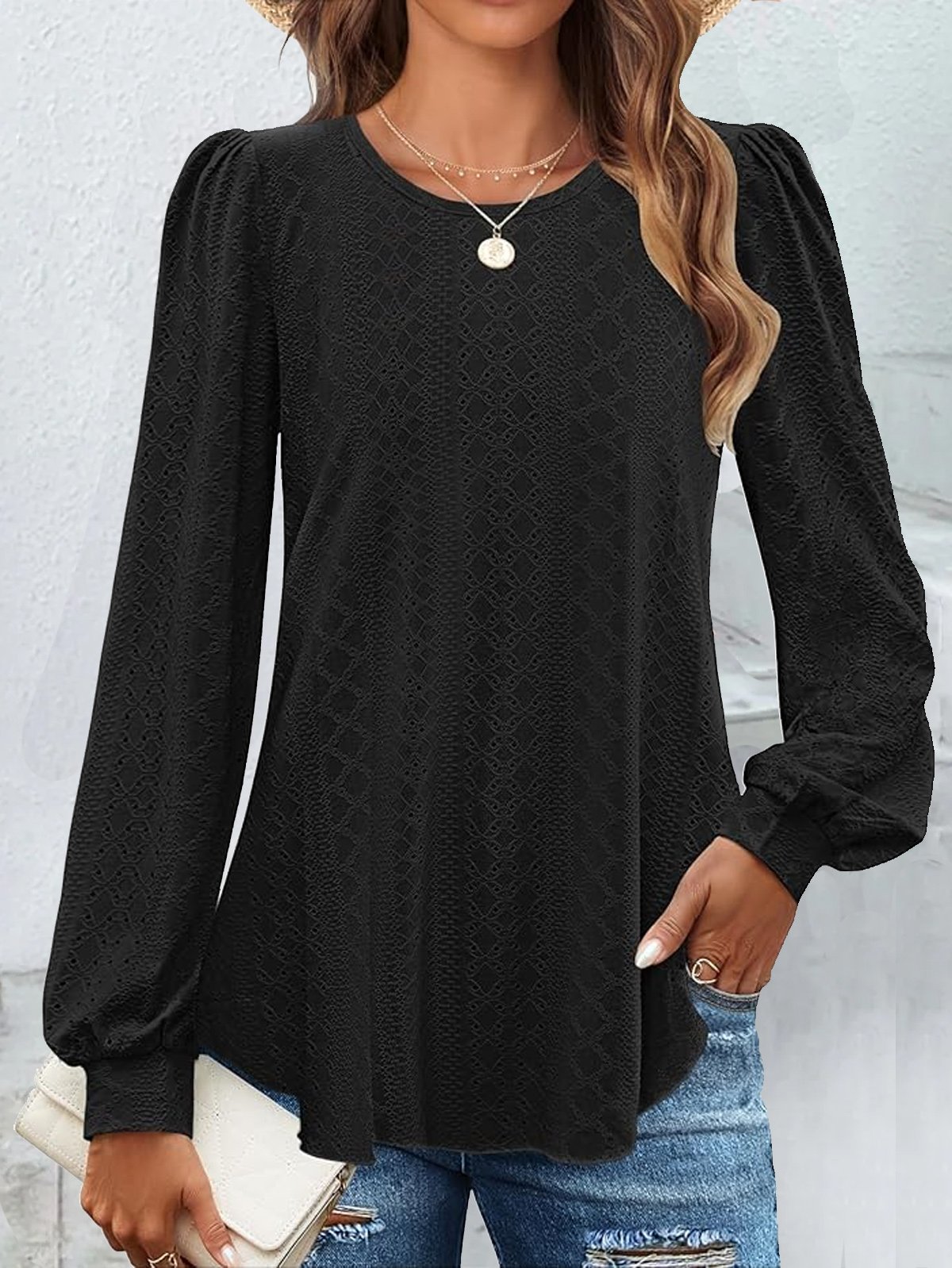 Women's Long Sleeve Tee T-shirt Spring/Fall Plain Lace Lace Crew Neck Daily Going Out Casual Top