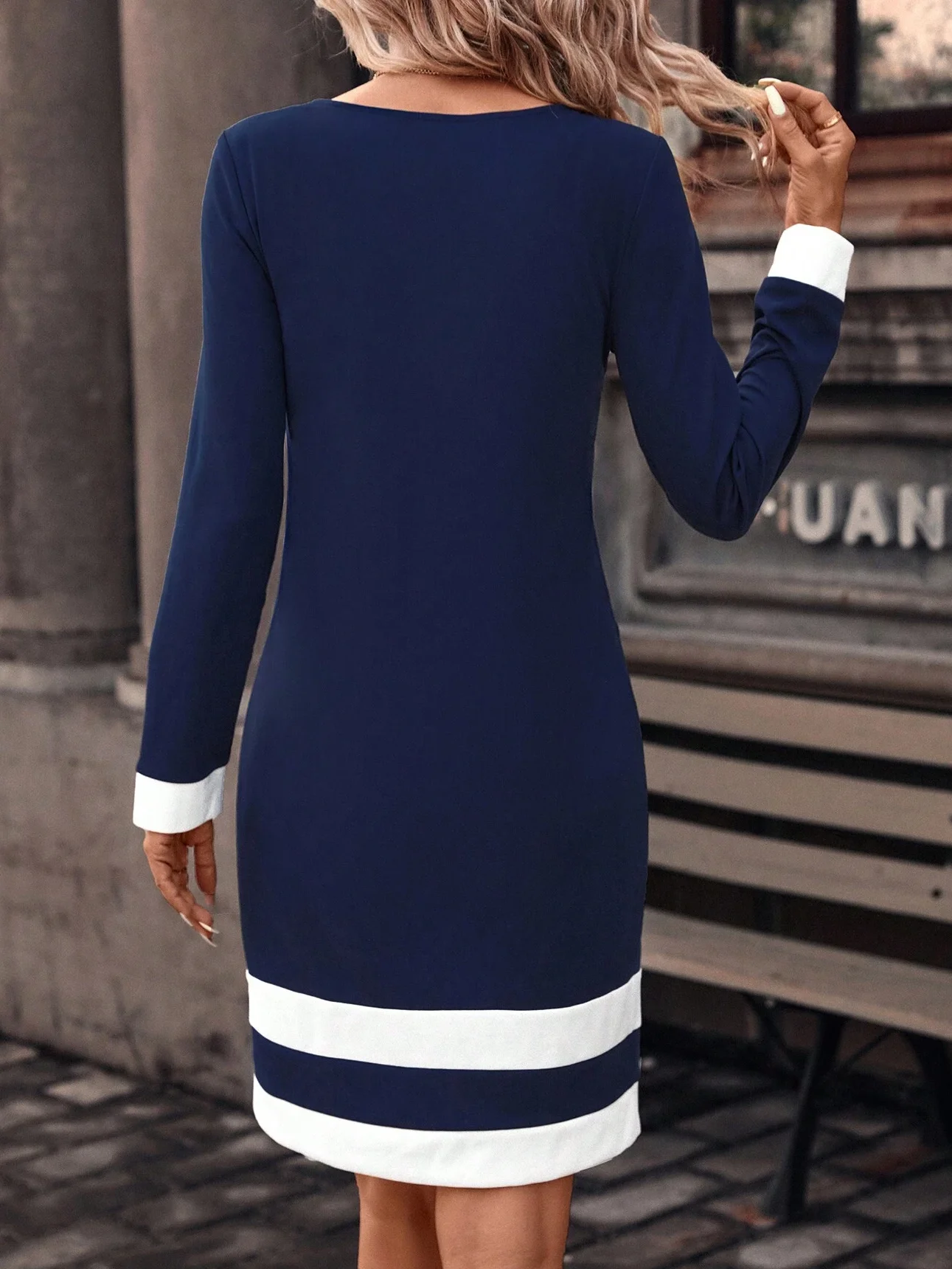 Women's Long Sleeve Spring/Fall Contrast Stitching Knitted Dress Crew Neck Daily Going Out Casual Midi H-Line T-Shirt Dress