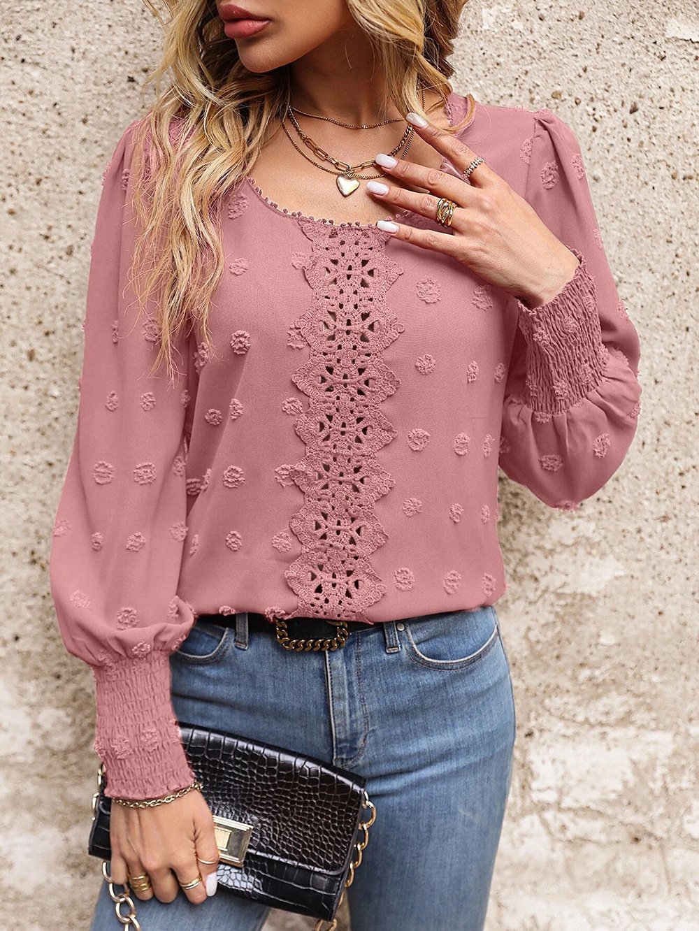 Women's Long Sleeve Blouse Spring/Fall Plain Lace Crew Neck Daily Going Out Casual Top