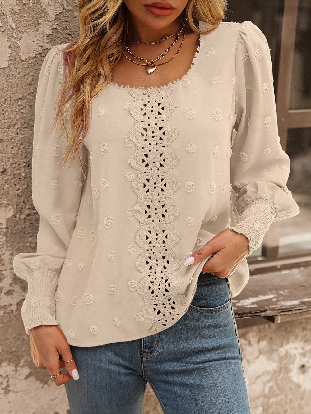 Women's Long Sleeve Blouse Spring/Fall Plain Lace Crew Neck Daily Going Out Casual Top