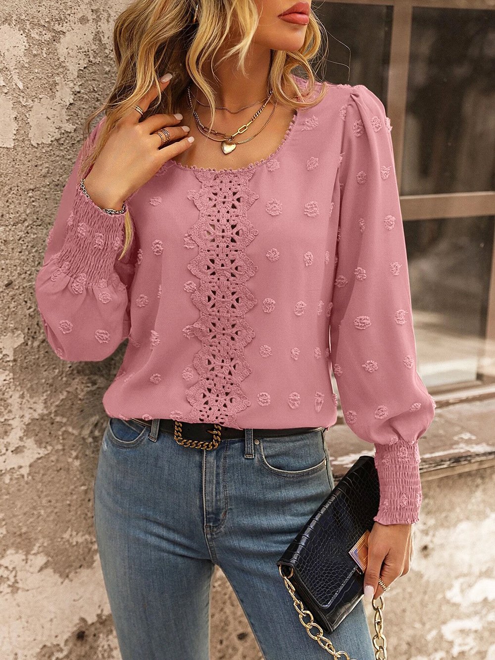 Women's Long Sleeve Blouse Spring/Fall Plain Lace Crew Neck Daily Going Out Casual Top