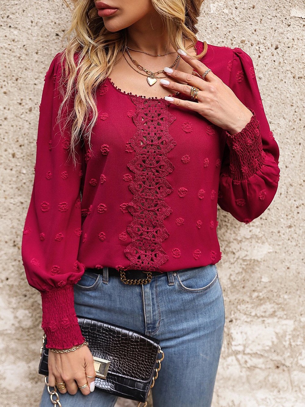 Women's Long Sleeve Blouse Spring/Fall Plain Lace Crew Neck Daily Going Out Casual Top