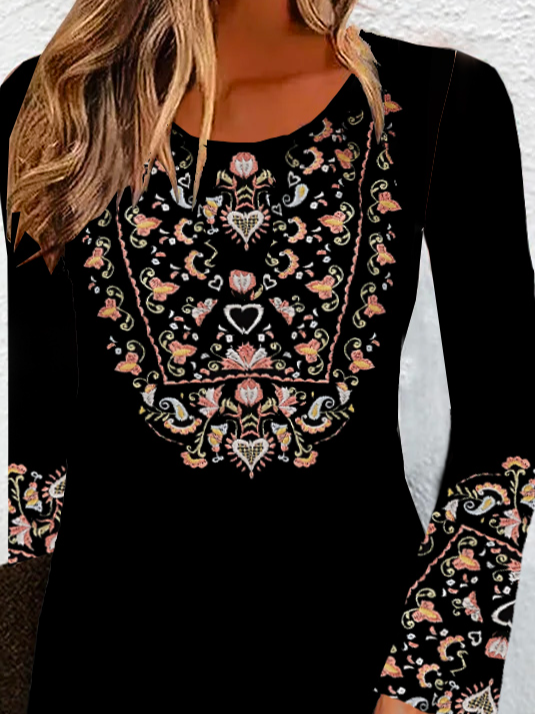 Women's Long Sleeve Spring/Fall Ethnic Jersey Dress Crew Neck Daily Going Out Casual Mini H-Line T-Shirt Dress