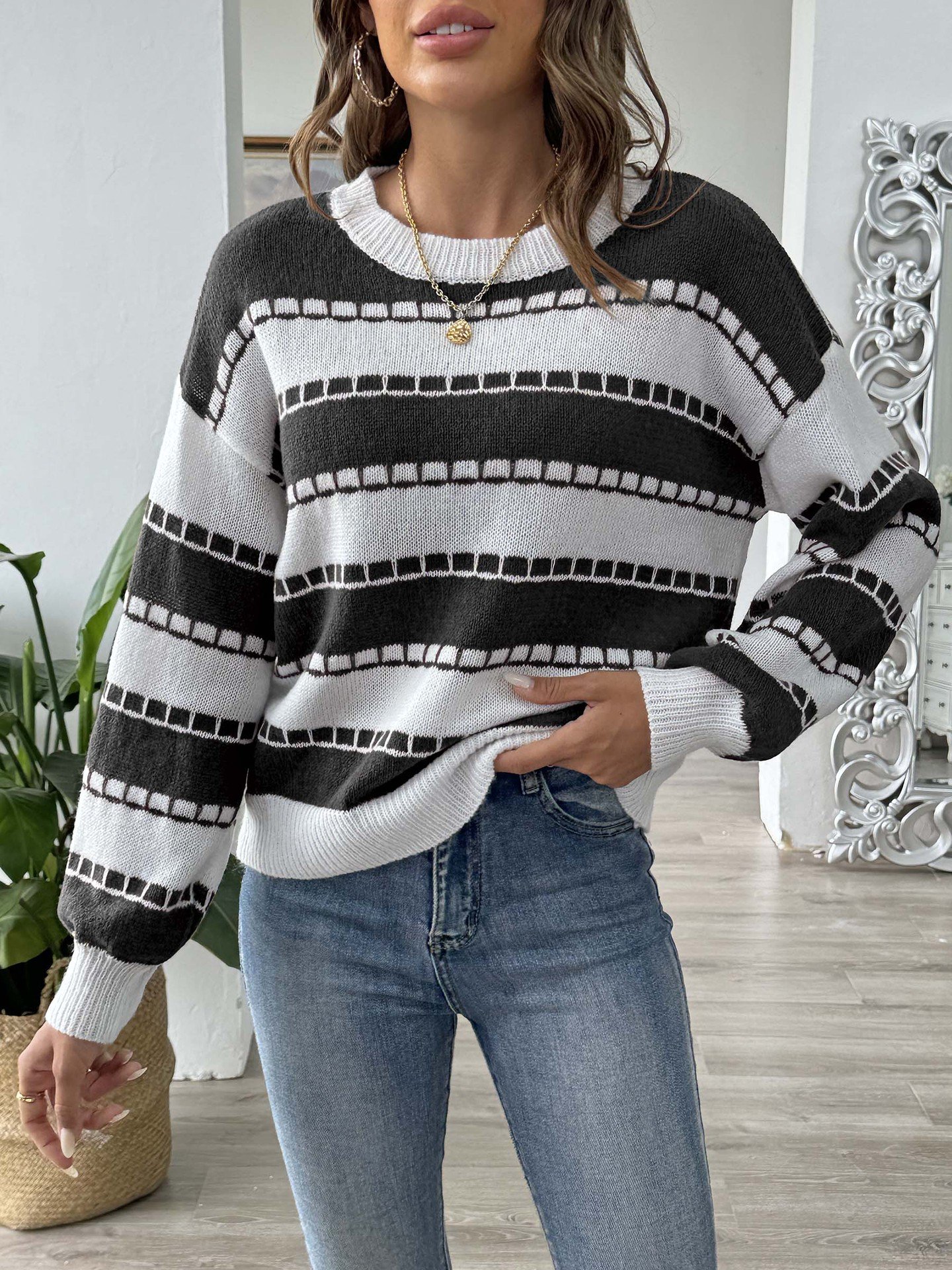 Loose Striped Casual Crew Neck Sweater