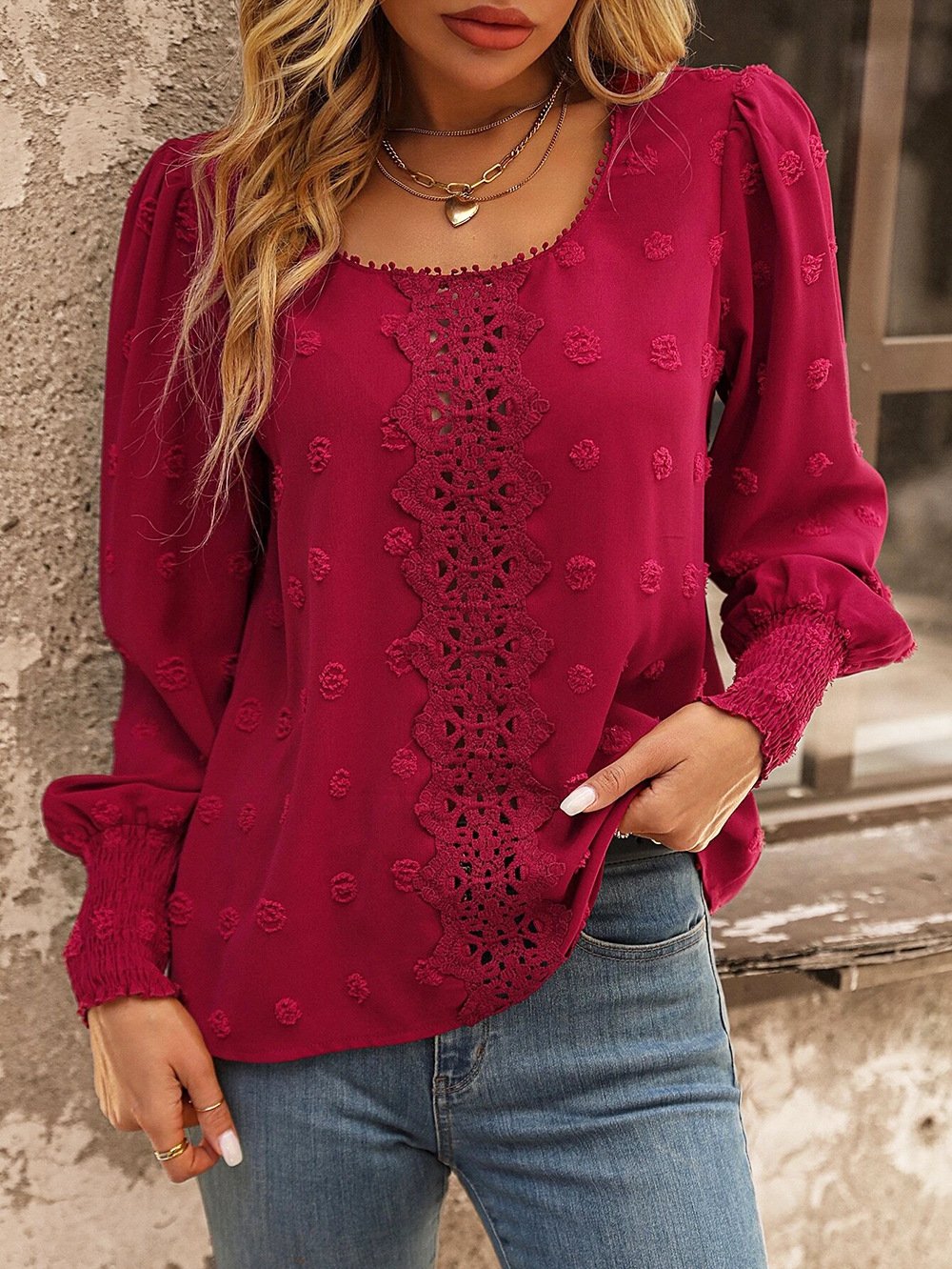 Women's Long Sleeve Blouse Spring/Fall Plain Lace Crew Neck Daily Going Out Casual Top