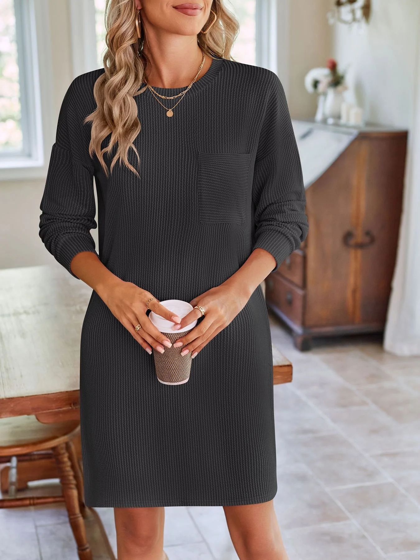 Women's Long Sleeve Summer Plain Dress Crew Neck Daily Going Out Casual Knee Length H-Line