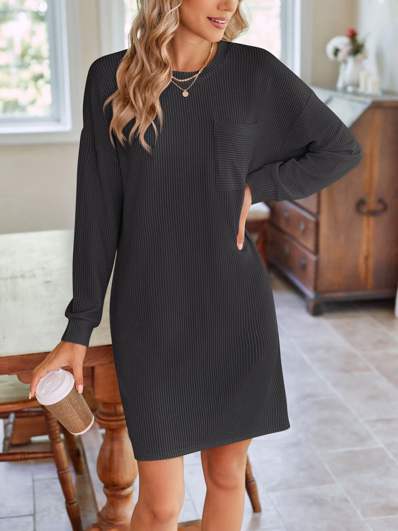 Women's Long Sleeve Summer Plain Dress Crew Neck Daily Going Out Casual Knee Length H-Line