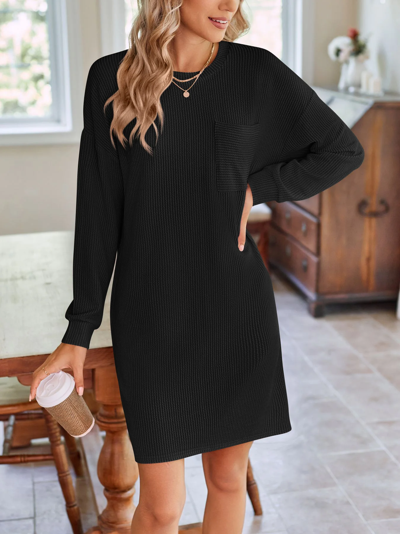 Women's Long Sleeve Summer Plain Dress Crew Neck Daily Going Out Casual Knee Length H-Line