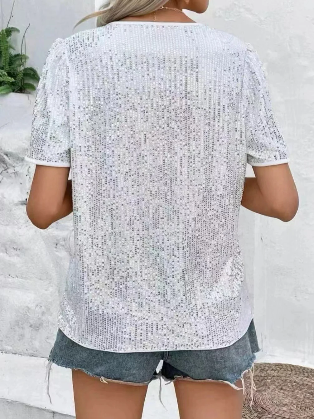 Women's Short Sleeve Blouse Summer Plain Glitter V Neck Daily Going Out Casual Top