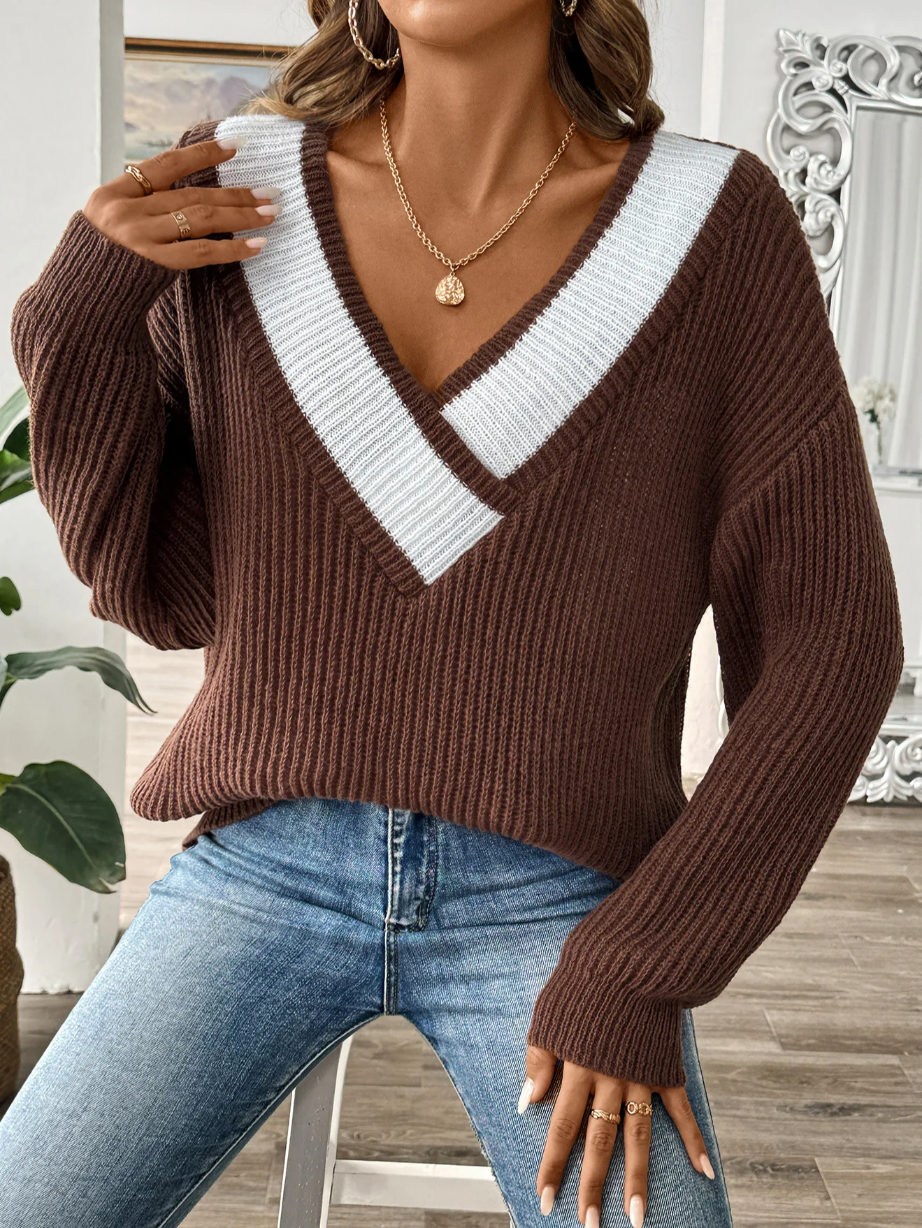 V neck Wool/Knitting Long Sleeve Loose Color Block Casual Sweater