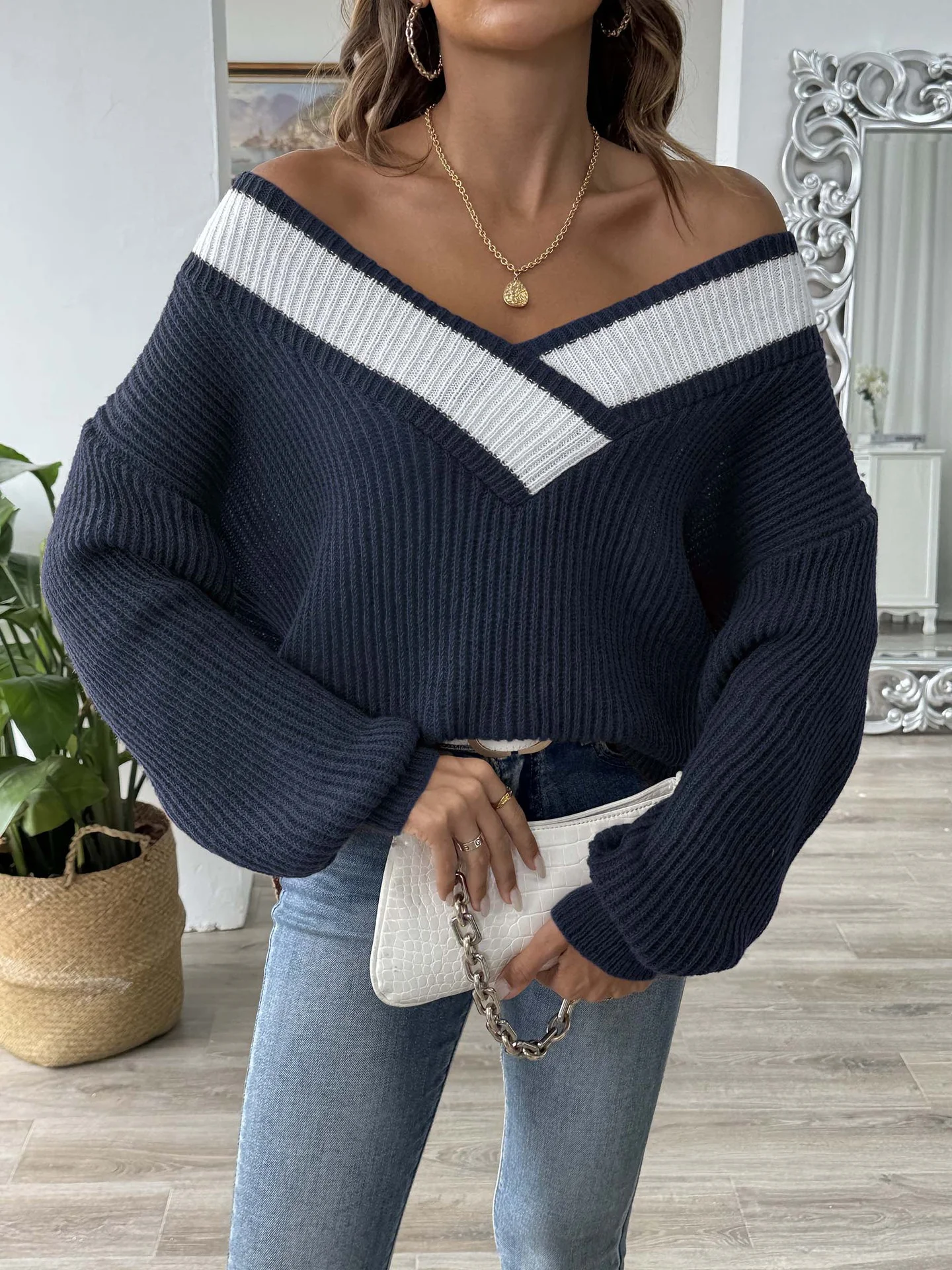 V neck Wool/Knitting Long Sleeve Loose Color Block Casual Sweater