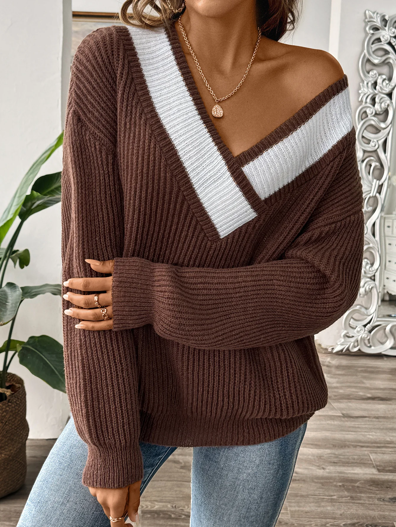 V neck Wool/Knitting Long Sleeve Loose Color Block Casual Sweater