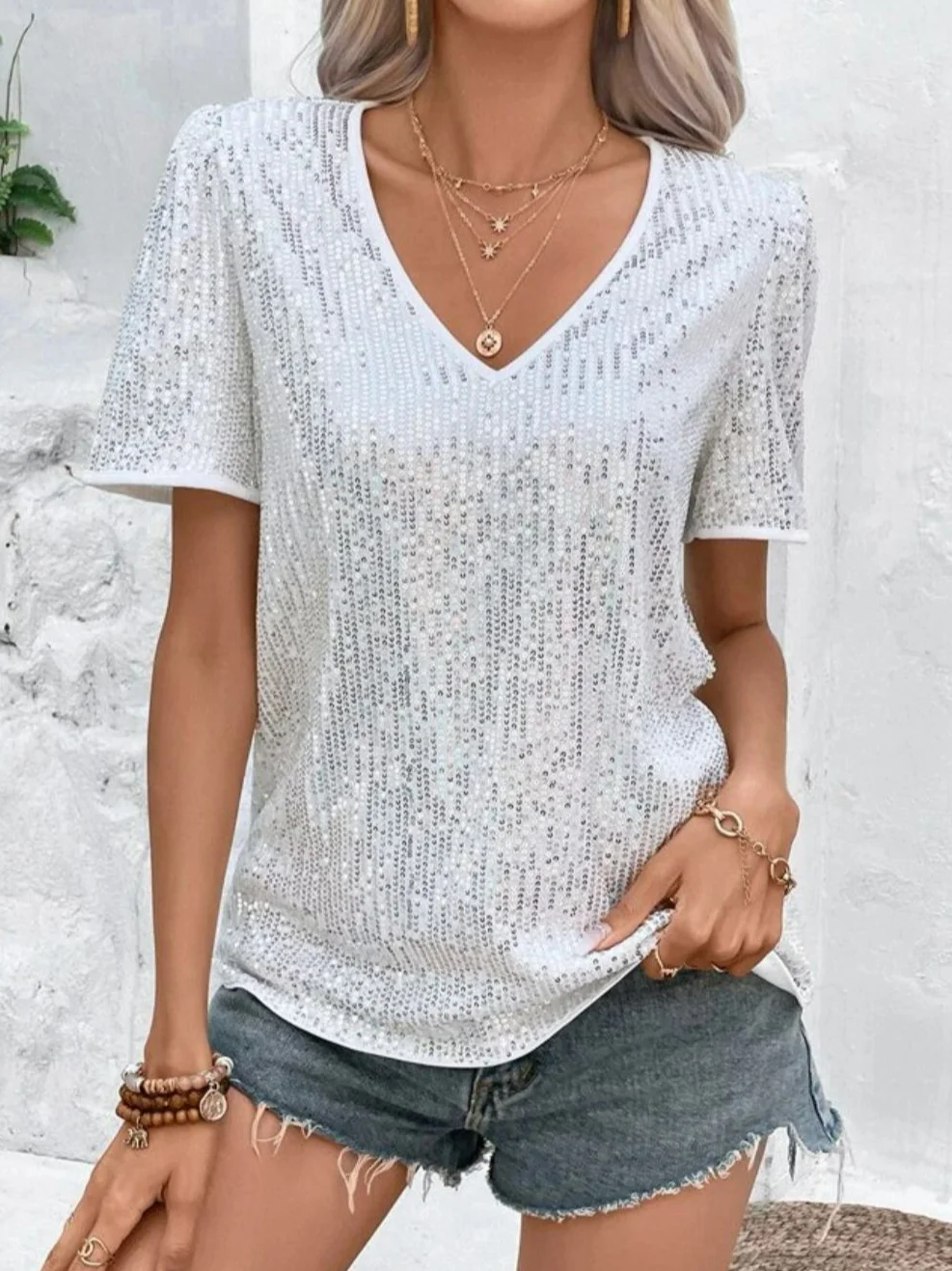 Women's Short Sleeve Blouse Summer Plain Glitter V Neck Daily Going Out Casual Top