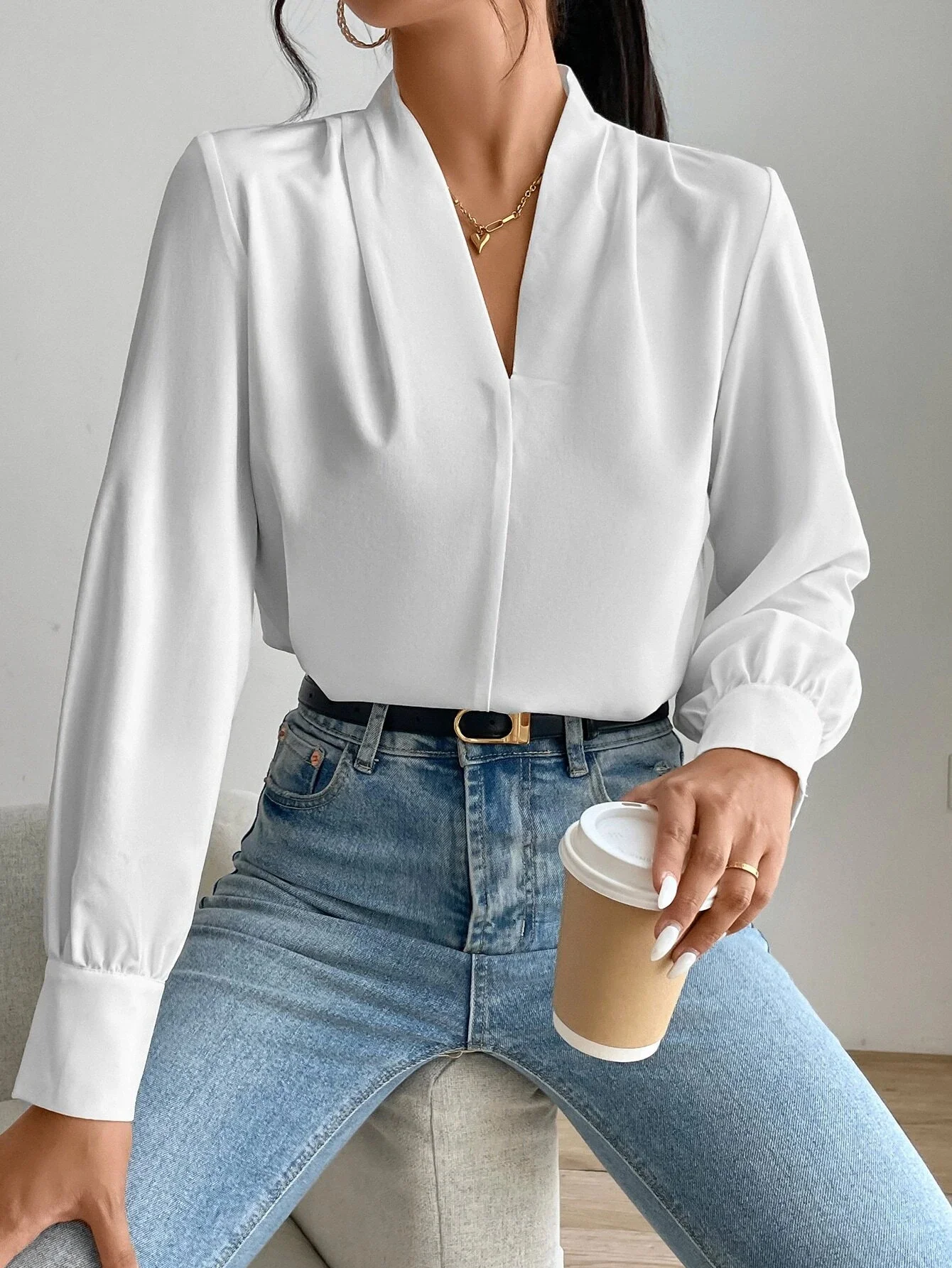 Women's Long Sleeve Blouse Spring/Fall Plain V Neck Daily Going Out Casual Top