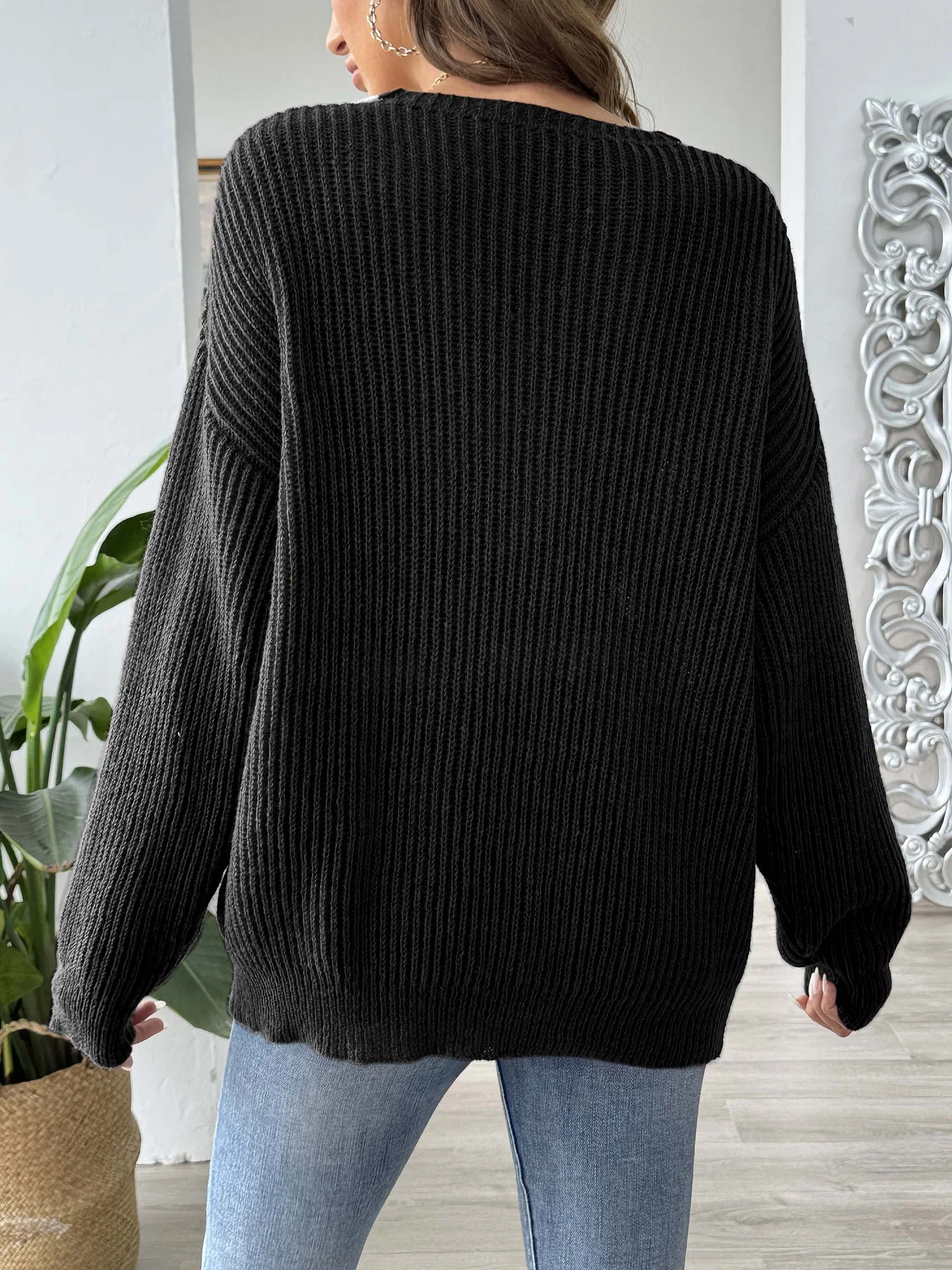 V neck Wool/Knitting Long Sleeve Loose Color Block Casual Sweater