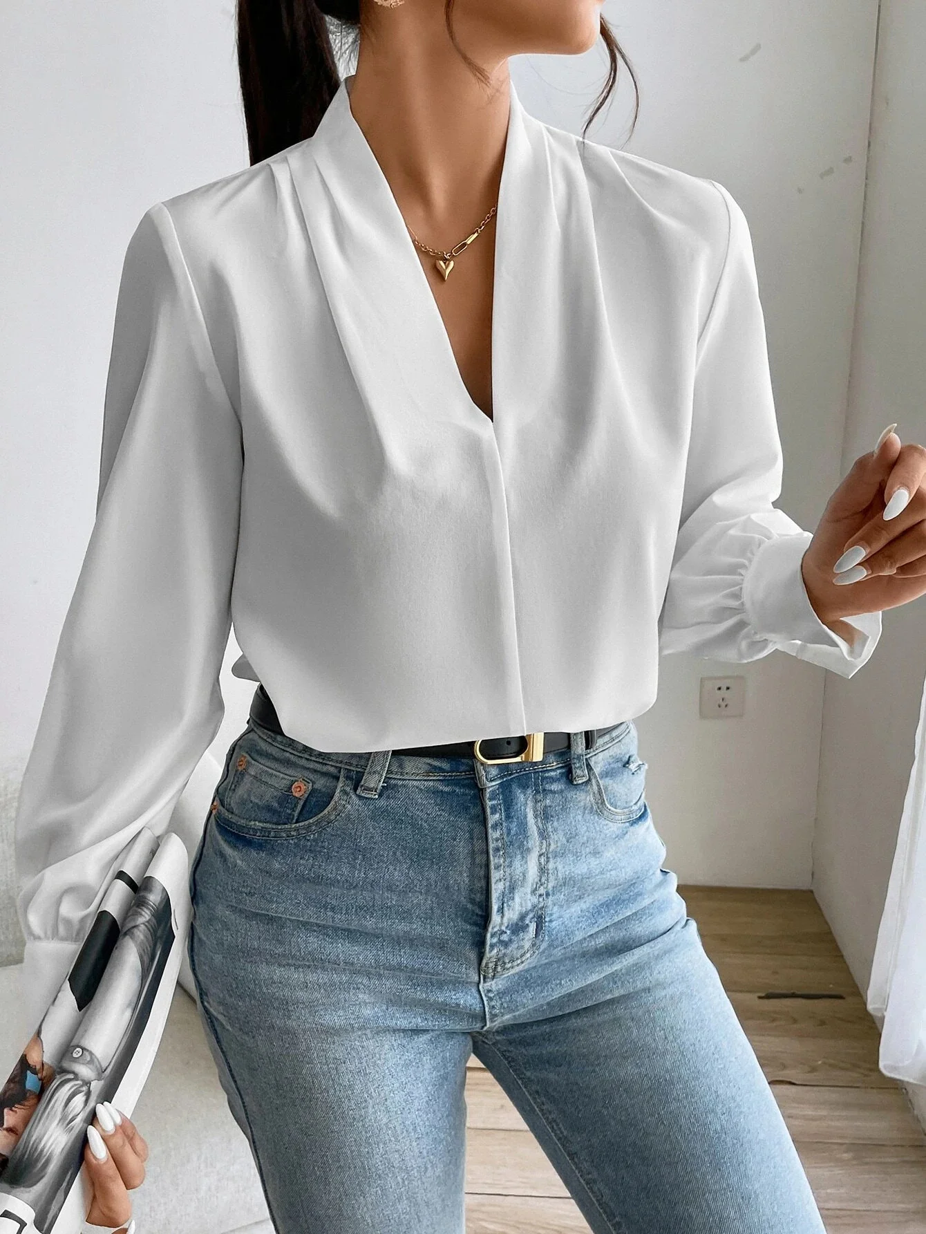 Women's Long Sleeve Blouse Spring/Fall Plain V Neck Daily Going Out Casual Top