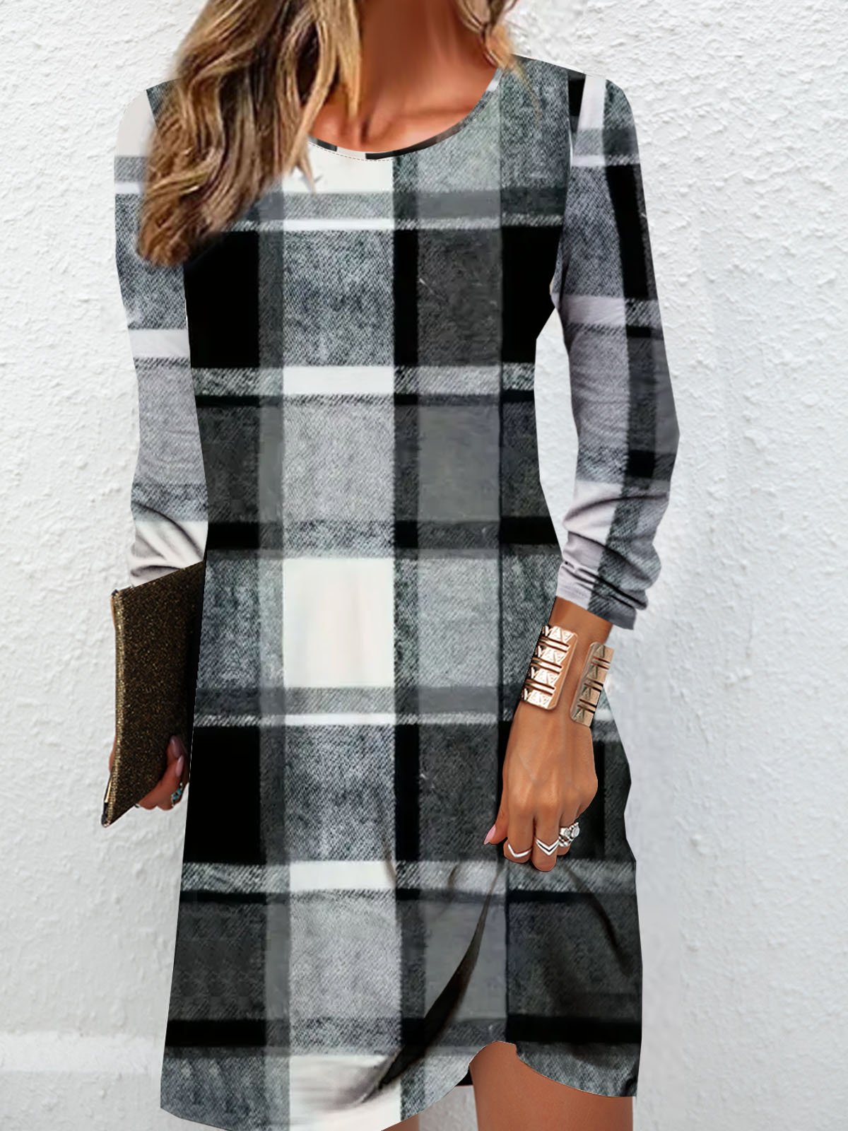 Women's Plaid Long Sleeve Spring/Fall Dress Crew Neck Daily Casual Mini T-Shirt Dress H-Line Dress