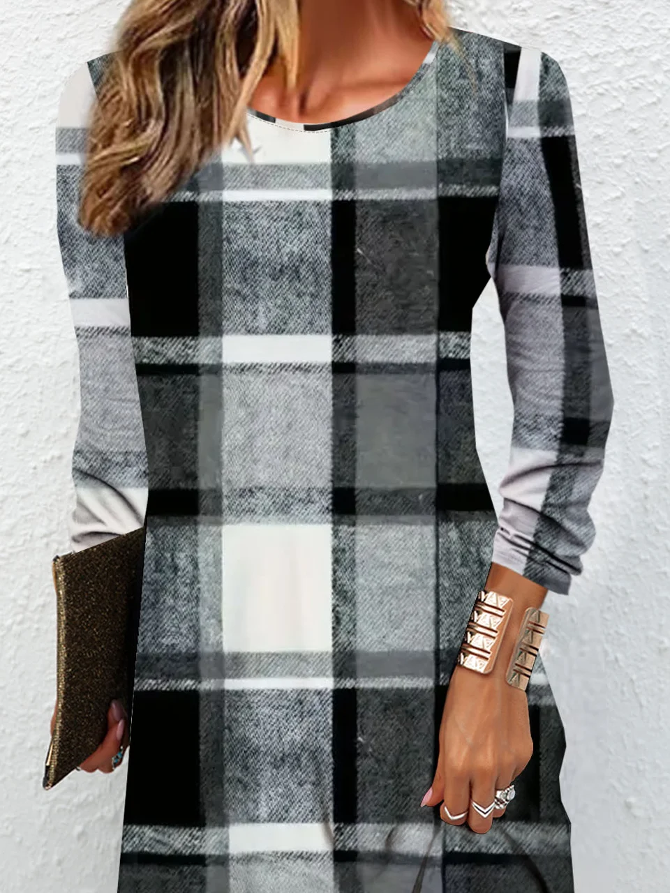 Women's Plaid Long Sleeve Spring/Fall Dress Crew Neck Daily Casual Mini T-Shirt Dress H-Line Dress