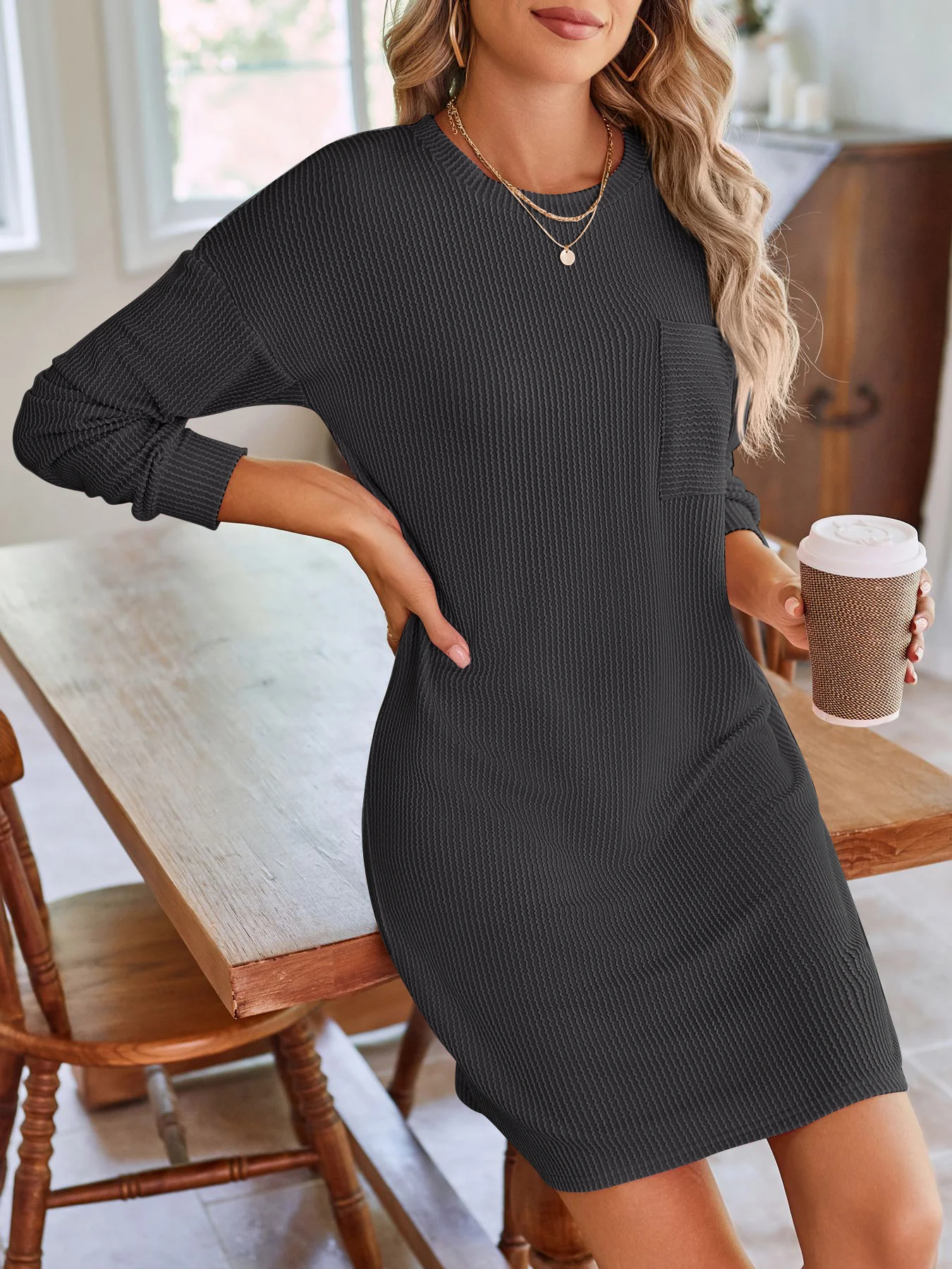 Women's Long Sleeve Summer Plain Dress Crew Neck Daily Going Out Casual Knee Length H-Line