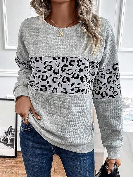 Women's Crew Neck Leopard Split Joint Casual Spring/Fall Long Sleeve Sweatshirt