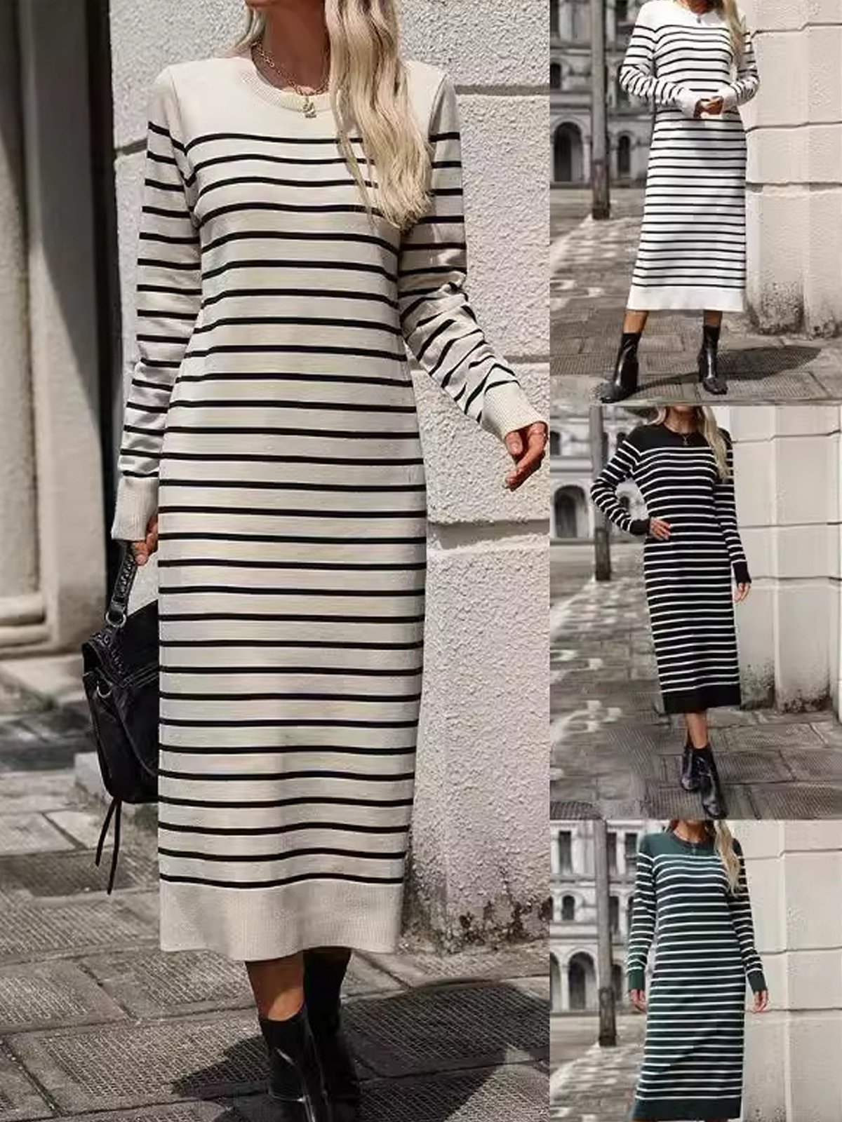 Women's Long Sleeve Autumn Striped Yarn/Wool Yarn Dress Crew Neck Daily Going Out Casual Midi H-Line Sweater Dress