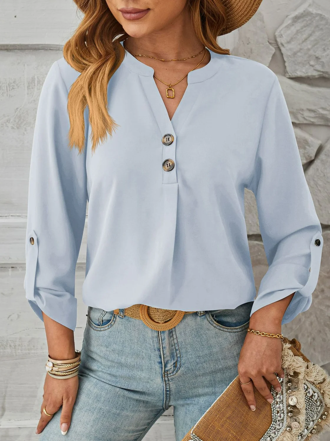 Women's Long Sleeve Blouse Spring/Fall Plain Buckle Crew Neck Daily Going Out Casual Top