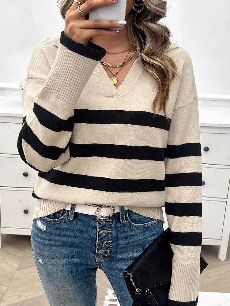 Women's Spring/Fall Striped Casual Long Sleeve Shirt Collar Wool/Knitting Sweater