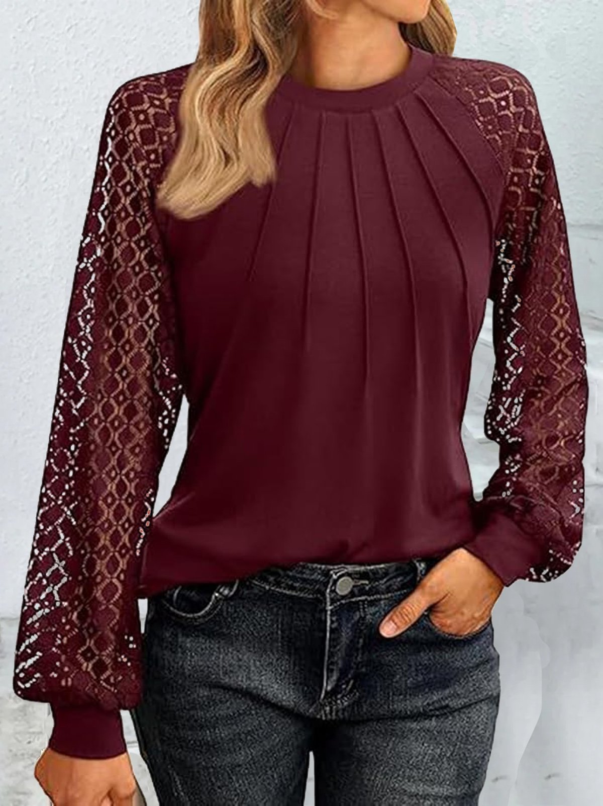 Women's Long Sleeve Tee T-shirt Spring/Fall Plain Panel Lace Crew Neck Daily Going Out Casual Top