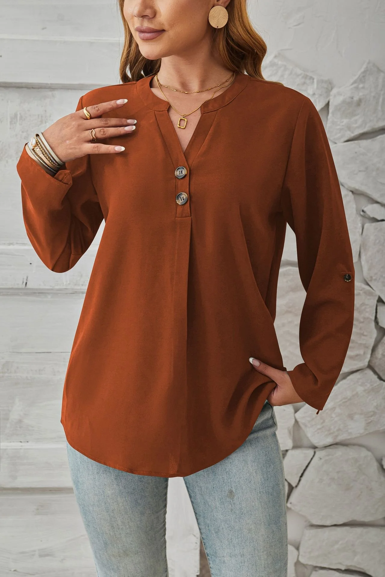 Women's Long Sleeve Blouse Spring/Fall Plain Buckle Crew Neck Daily Going Out Casual Top