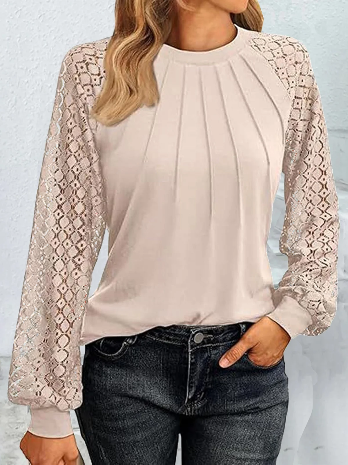 Women's Long Sleeve Tee T-shirt Spring/Fall Plain Panel Lace Crew Neck Daily Going Out Casual Top